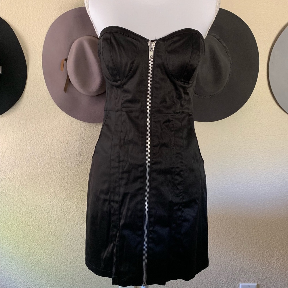 Satin Strapless Zipper Front Dress with Pockets